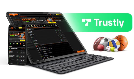 Sportsmarkederne fra 888sport på forskellige mobile enheder og Trustly-logoet.