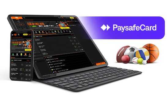 Sportsmarkederne fra 888sport på forskellige mobile enheder og PaysafeCard-logoet.