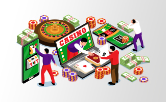 Online casino-illustration med dealer, roulette og spillere på mobil og computer.