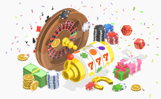 Casino bonus illustration med roulettehjul, spilleautomat, pokerchips, terninger, gaver og kontanter – symbol på online casino kampagner og tilbud i Danmark.