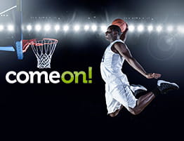 En basketball scene og ComeOn! logo.