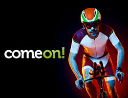 En cykling scene og ComeOn! logo.
