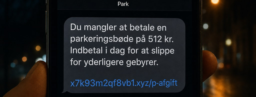 En falsk SMS om en parkeringsbøde på 512 kroner med et link til et ukendt .xyz-domæne.