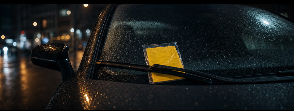 En gul parkeringsbøde i en plastlomme under vinduesviskeren på en bil en regnvåd aften.