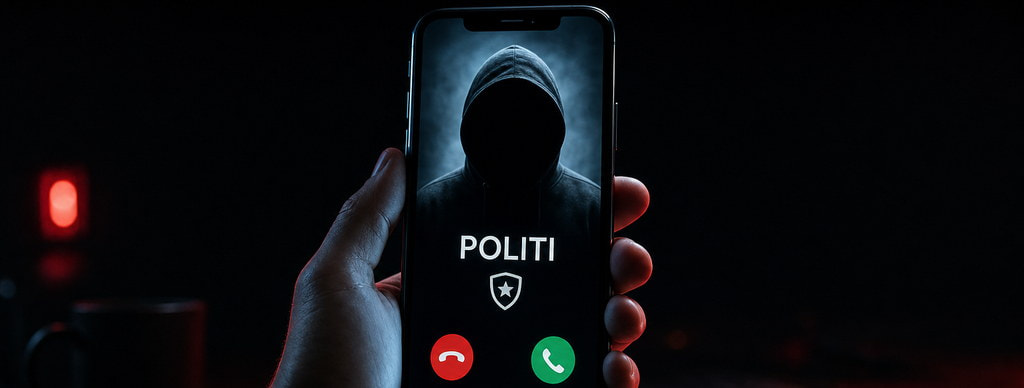 En smartphone viser et falsk politiopkald med en mørk, hættebeklædt skikkelse som kontaktbillede.