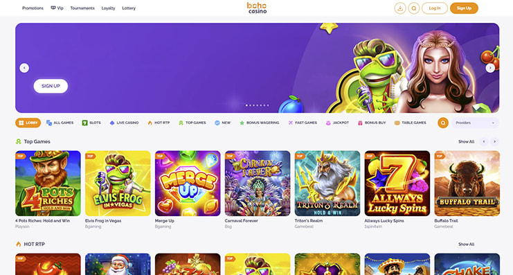 Forsiden på Boho Casinos hjemmeside.