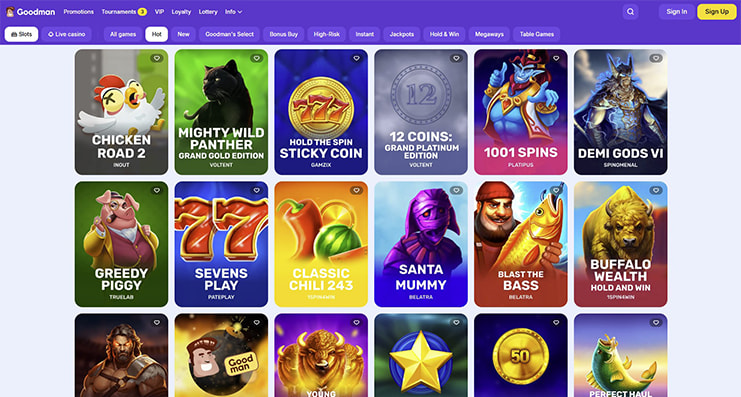 Forsiden du møder hos Goodman Casino.