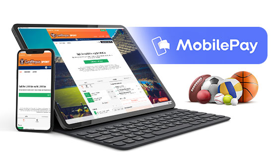 Sportsmarkederne fra LeoVegas på forskellige mobile enheder og MobilePay-logoet.
