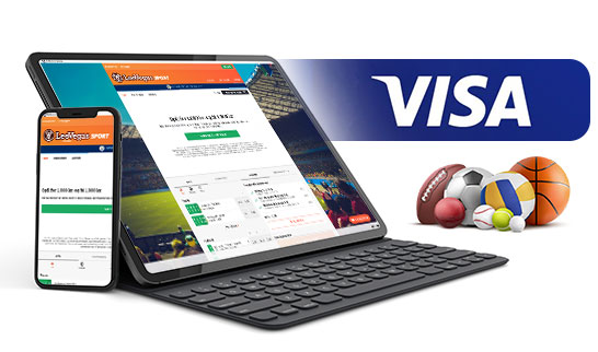 Sportsmarkederne fra LeoVegas på forskellige mobile enheder og Visa-logoet.