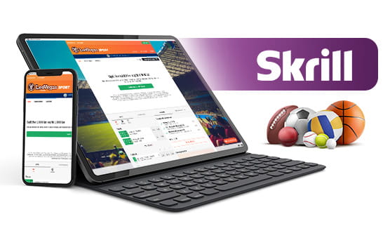 Sportsmarkederne fra LeoVegas på forskellige mobile enheder og Skrill-logoet.