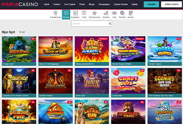 Et udsnit af indholdet hos Maria Casino med tilhørende kategorier