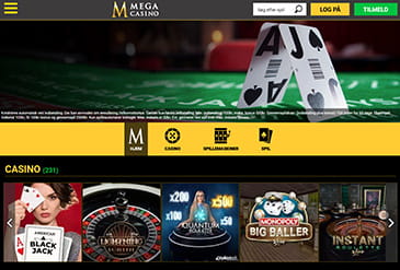 Mega Casinos forside med de tilgængelige kategorier af spil