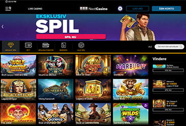 Forsiden hos NextCasino med et udsnit af det spændende indhold