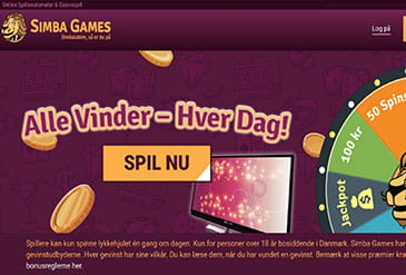 Forsiden hos Simba Games, hvor der er mulighed for login og spil