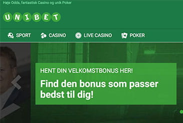 Unibet Casino med dets forside, tilgængelige bonusser mv.