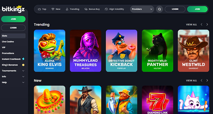 Forsiden når du besøger Bitkingz casino login.