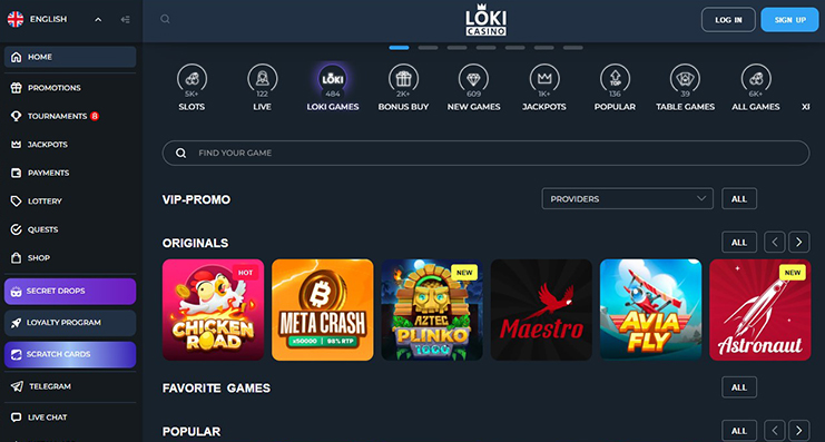 Forsiden når du besøger Loki casino login.