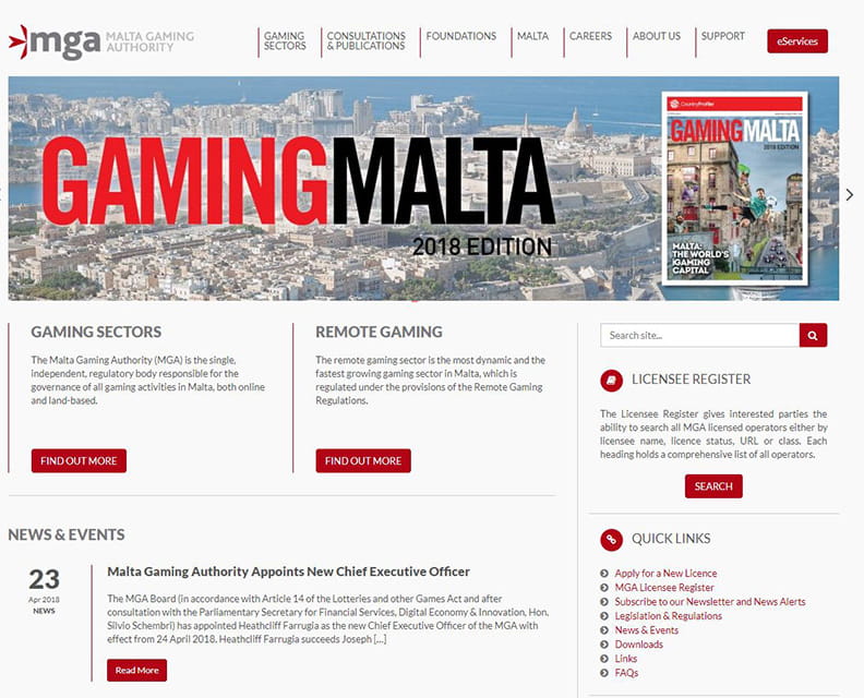Hjemmeside Malta Gaming Authority MGA
