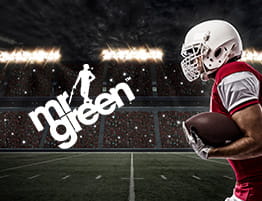 En Amerikansk Fodbold scene og Mr Green logo.