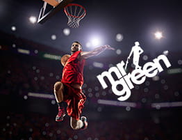 En basketball scene og Mr Green logo.