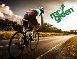 En cykling scene og Mr Green logo.