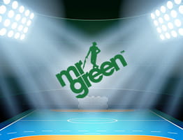 En håndbold scene og Mr Green logo