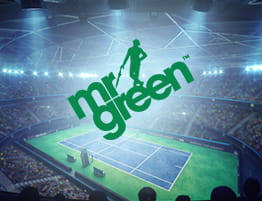 En tennis scene og Mr Green logo