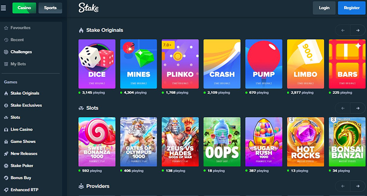 Forsiden på Stake.com casino.