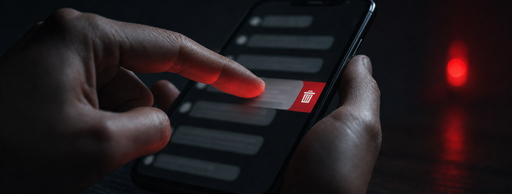 En person sletter en falsk SMS ved at trække beskeden til side og trykke på skraldespandsikonet.