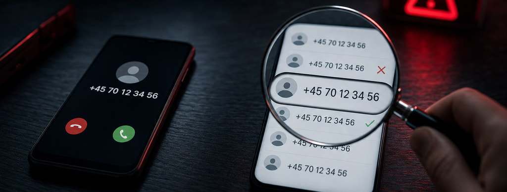Et ukendt telefonnummer fra et indgående opkald bliver slået op på en liste over officielle telefonnumre.