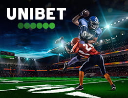 En Amerikansk Fodbold scene og Unibet logo.