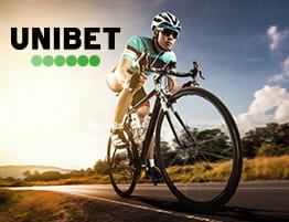 En cykling scene og Unibet logo.
