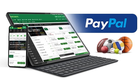 Sportsmarkederne fra Unibet på forskellige mobile enheder og PayPal-logoet.