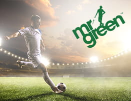 En fodboldscene og Mr Green logo.