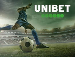 En fodboldscene og Unibet logo.