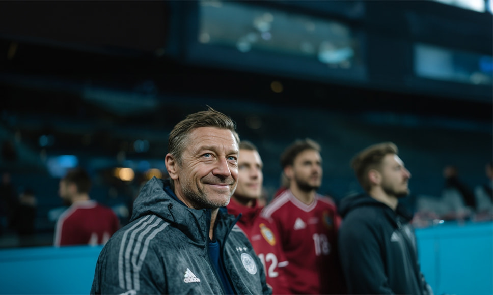 Fodboldtræner smilende under en fodboldtræning med det svenske landshold.