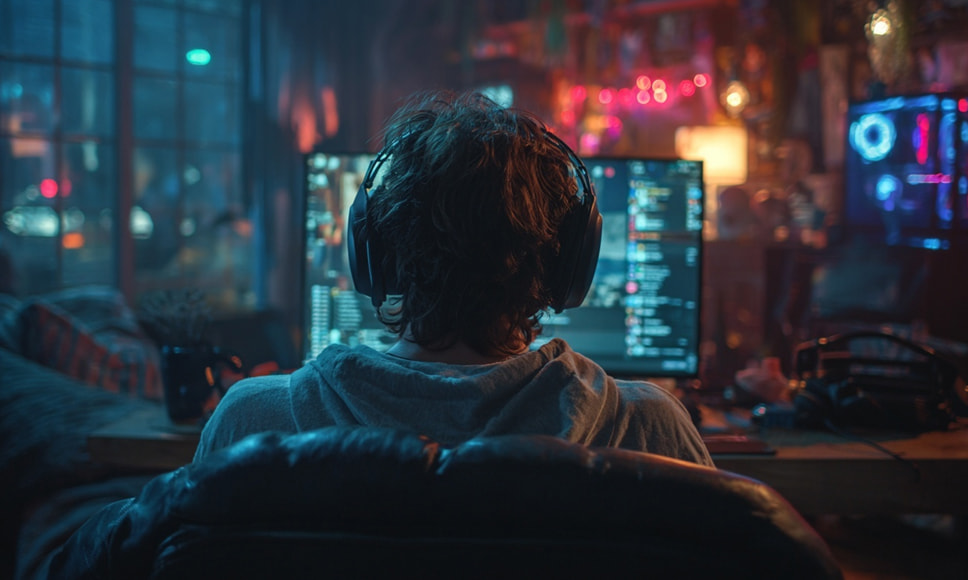 En streamer sidder alene foran sin computer i et mørkt rum med farvet LED-lys i baggrunden, mens skærmen viser en chat.
