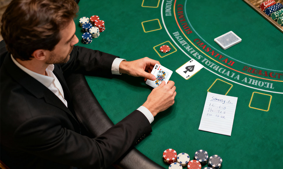 Spiller studerer kort og beslutninger ved blackjack bord i casino 