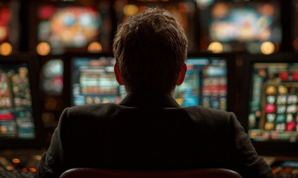 Dansk spiller sidder foran skærm med ulovlige casinoer og kryptospil uden licens. 