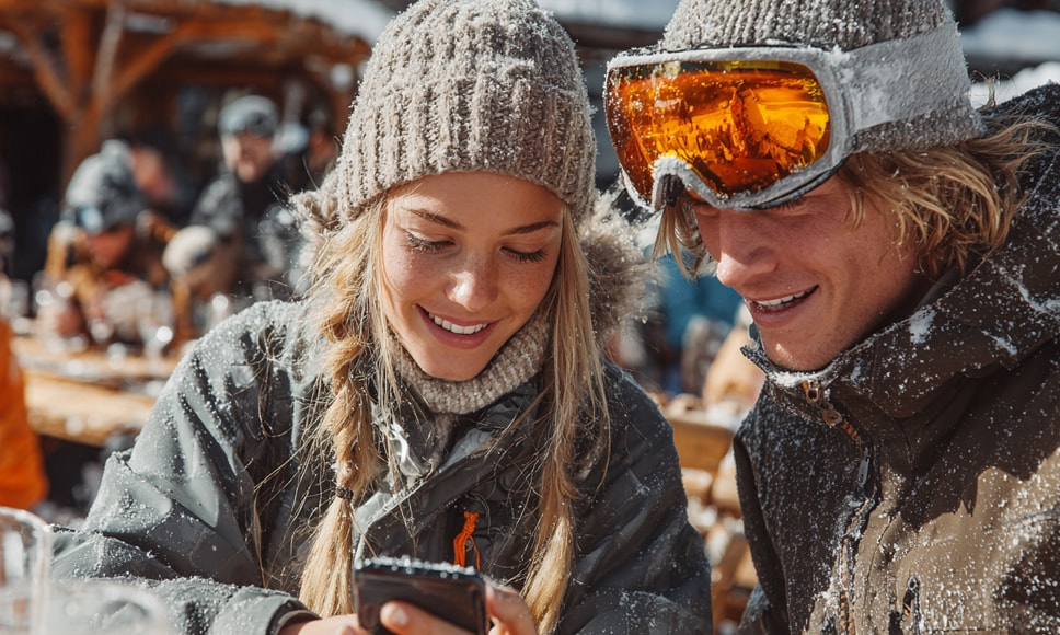 Unge sidder i bus på vej til skiferie og bruger mobiltelefoner
