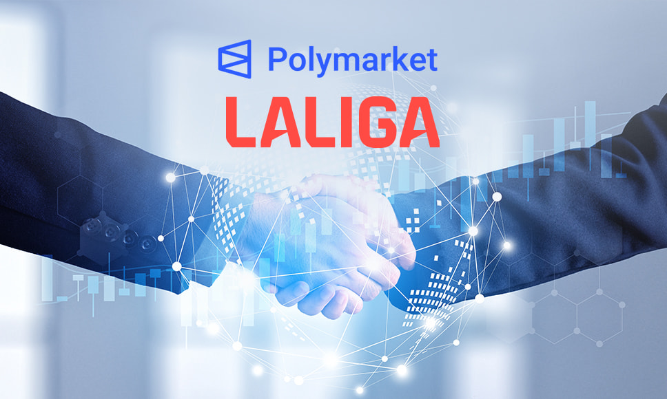 To personer giver håndtryk under teksten Polymarket og LALIGA med digital grafik i baggrunden.