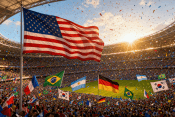 Fodboldfans jubler foran et VM-stadion under VM 2026
