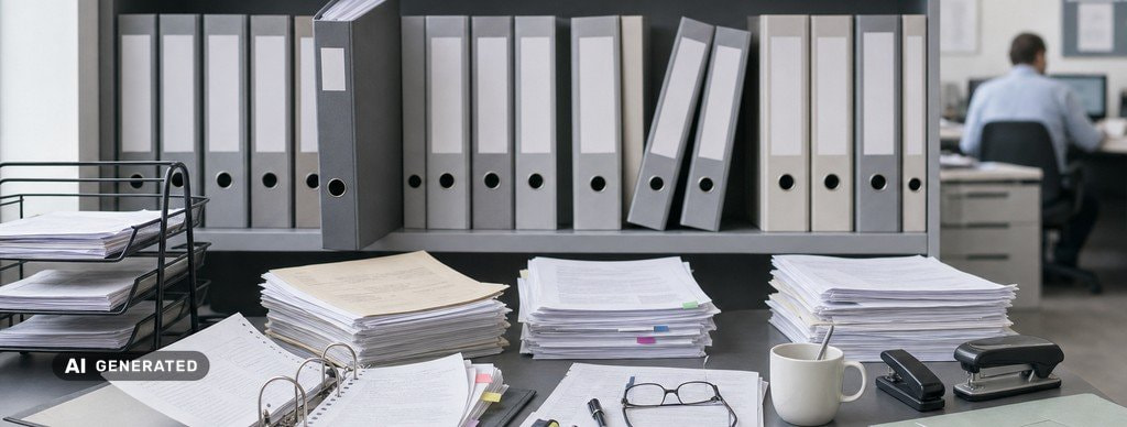 AI-genereret billede: skrivebord med bunker af papirer og et opslået ringbind foran en hylde med grå sagsmapper, hvor én er trukket halvt ud.
