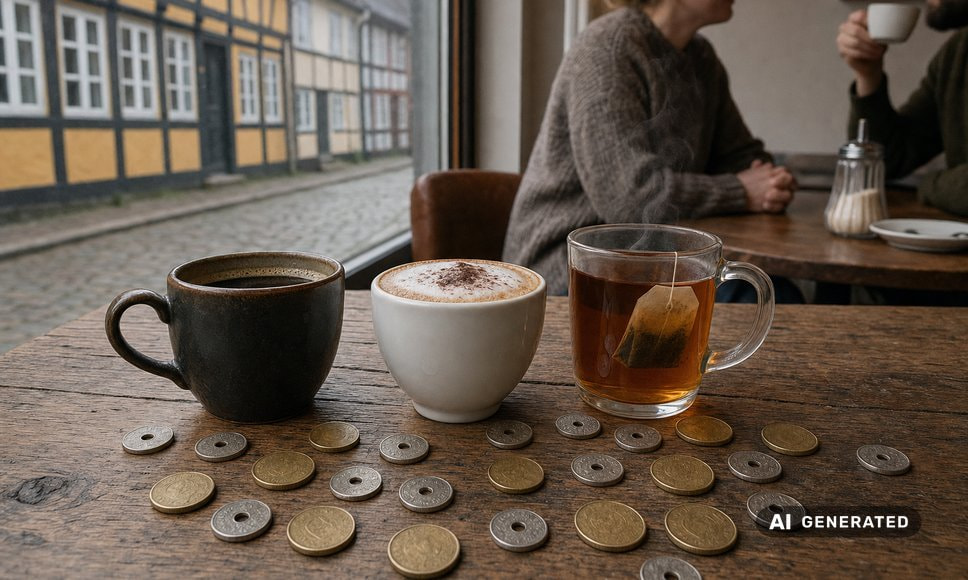 Americano, cappuccino og en kop te på et cafébord med danske kronemønter foran