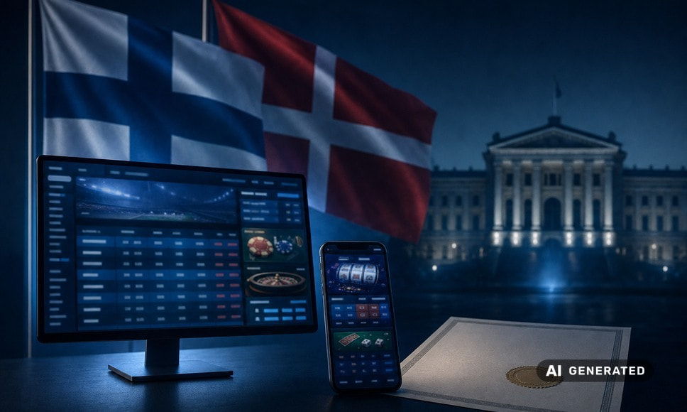 Finsk og dansk flag ved siden af hinanden foran en skærm med online casino og betting