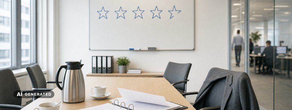AI-genereret billede: mødelokale med kaffekande, papirer og ringbind på bordet, og et whiteboard med fem tegnede stjerner på væggen.