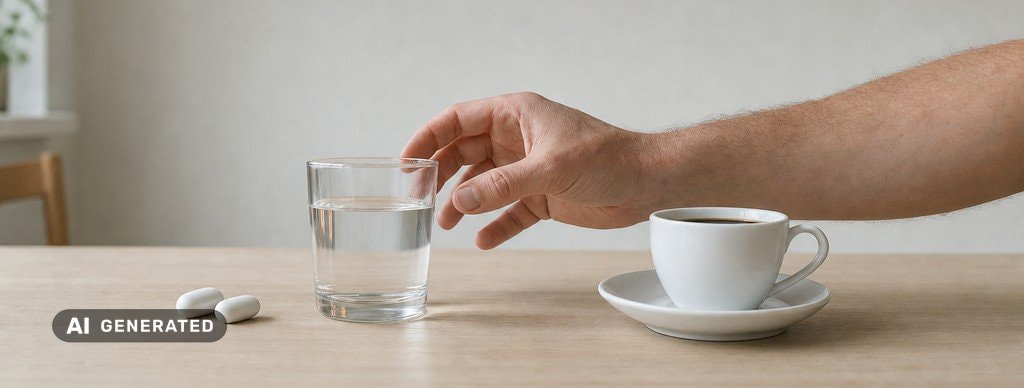 AI-genereret billede: to hvide kapsler, et glas vand og en kop kaffe på et køkkenbord, hvor en hånd rækker ind mod glasset.