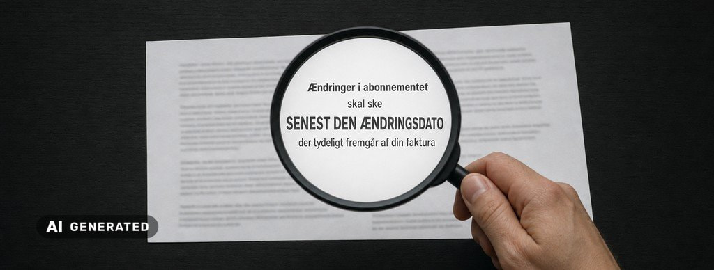 AI-genereret billede: en lup forstørrer teksten om, at ændringer i abonnementet skal ske senest den ændringsdato, der fremgår af fakturaen.