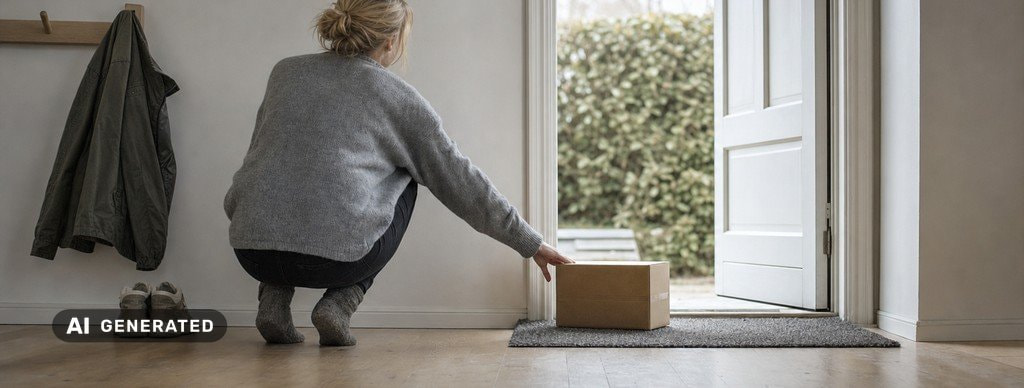 AI-genereret billede: kvinde set bagfra i en entré, der kigger ned på en papkasse uden mærkater på dørmåtten i den åbne hoveddør.