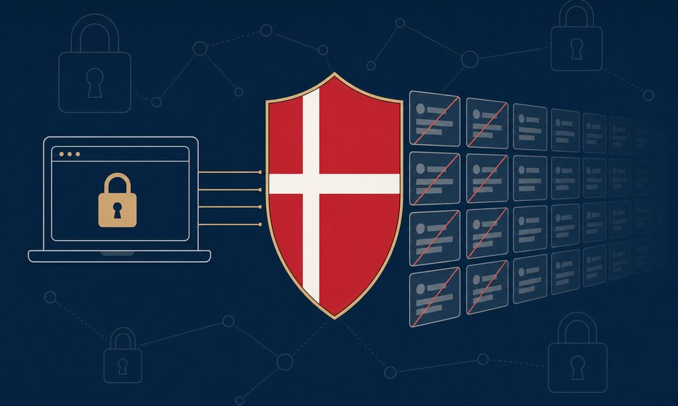 Illustration af et dansk skjold, der blokerer adgangen til en række spilsider på nettet.